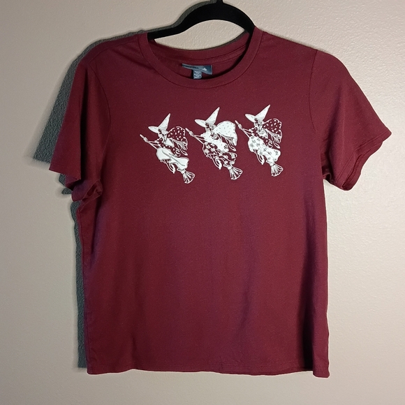 Modcloth Tops - Modcloth Witches on Brooms T-Shirt Burgundy Graphic Print Cotton Halloween Sz M
